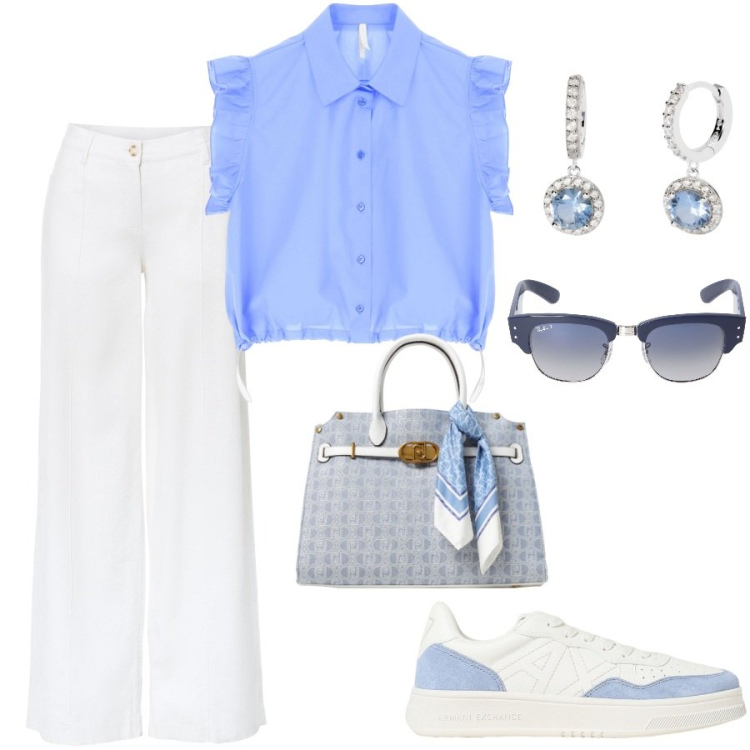 Outfit donna - Ultimi giorni di lavoro. Stile Casual chic per Ufficio. Abbinamento con pantaloni a palazzo, orecchini, camicie a manica corta, occhiali da sole, sneakers, borse tote.