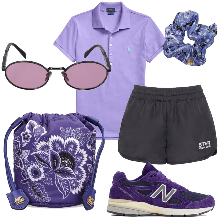 Outfit donna - Passeggiata. Stile Basic per Tutti i giorni. look ideale per Petite. Abbinamento con sneakers, polo, shorts, accessori per capelli, borse a mano, occhiali da sole.