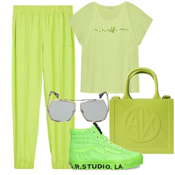Outfit donna - Brat green. Stile Casual chic per Scuola/Università. Abbinamento con pantaloni, t-shirt, sneakers, occhiali da sole, borse a mano.