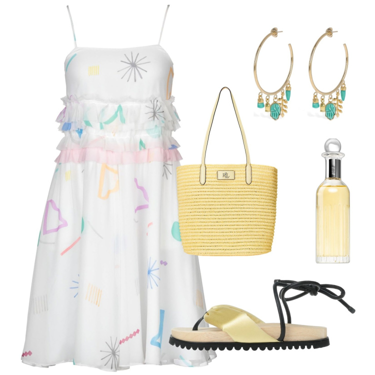 Outfit donna - Tramonto in compagnia!!!. Stile Romantica per Mare. Abbinamento con vestiti corti, infradito, profumi, borse tote, orecchini.