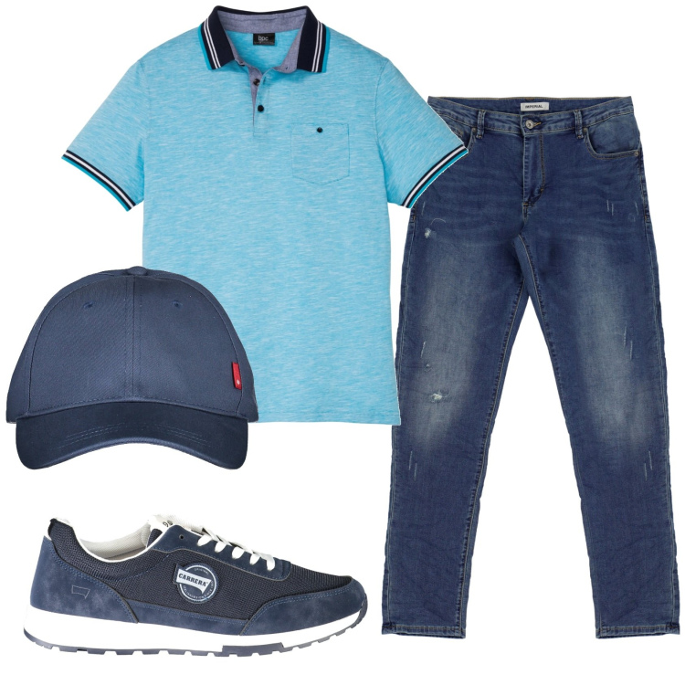 Outfit uomo - Total look #1925056. Stile Casual per Ufficio. Abbinamento con polo, jeans slim fit, cappelli con visiera, sneakers.