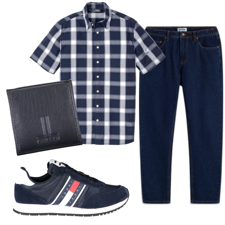 Outfit uomo - Total look #1925062. Stile Casual per Ufficio. Abbinamento con jeans dritti, camicie a manica corta, sneakers, portamonete.