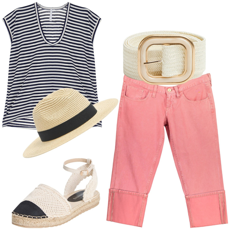 Outfit donna - Capri. Stile Casual chic per Mare. Abbinamento con cappelli, cinture, espadrillas, t-shirt, pantaloni capri.