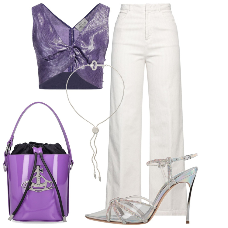 Outfit donna - Disco fever. Stile Chic per Serata fuori. Abbinamento con pantaloni, décolleté, top, braccialetti, borse a mano.