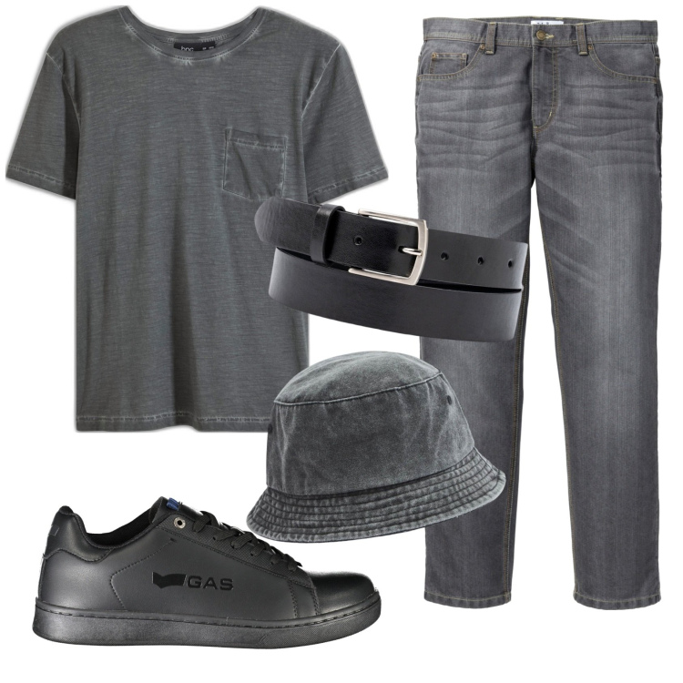 Outfit uomo - Total look #1925071. Stile Casual per Tutti i giorni. Abbinamento con jeans dritti, t-shirt, cappelli, cinture, sneakers.