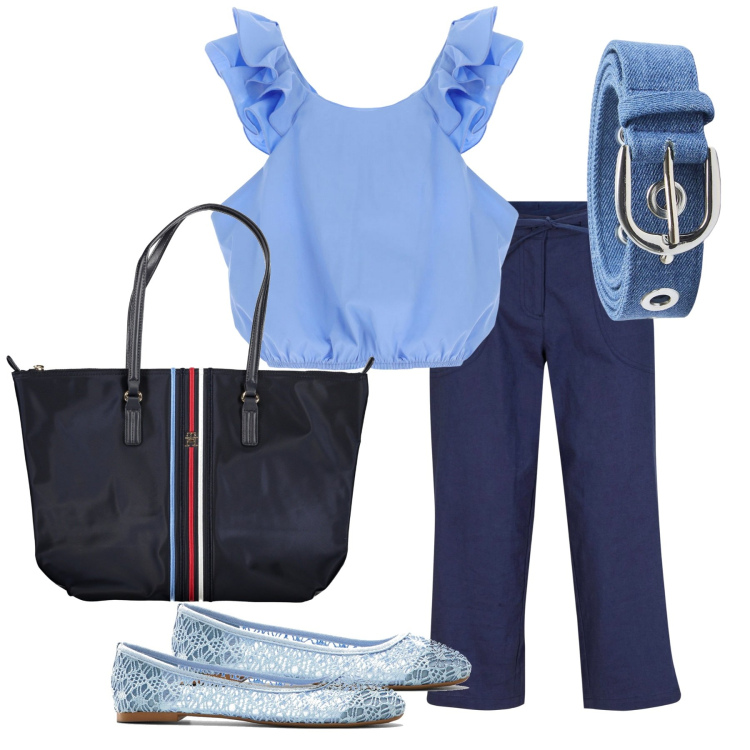 Outfit donna - Azzurro e blu. Stile Casual per Serata fuori. Abbinamento con pantaloni capri, ballerine, cinture, canottiere, borse a spalla.