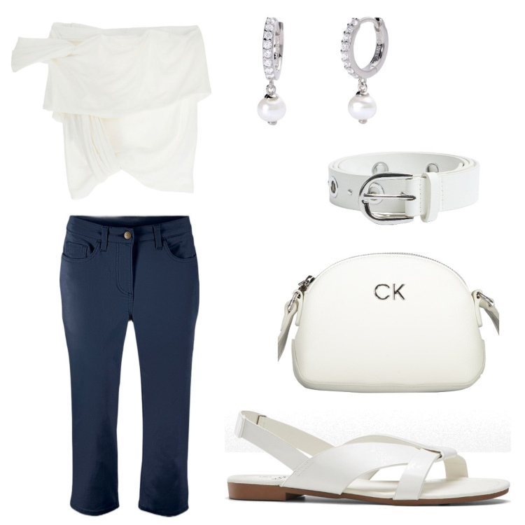 Outfit donna - Classe bianco e blu. Stile Casual chic per Tutti i giorni. Abbinamento con sandali, pantaloni capri, cinture, orecchini, top, borse a tracolla.