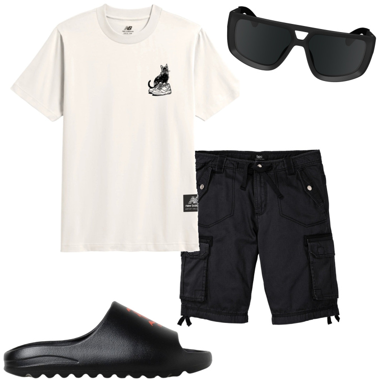 Outfit uomo - Pomeriggio libero. Stile Casual per Tutti i giorni. Abbinamento con bermuda, t-shirt, occhiali da sole, sandali.