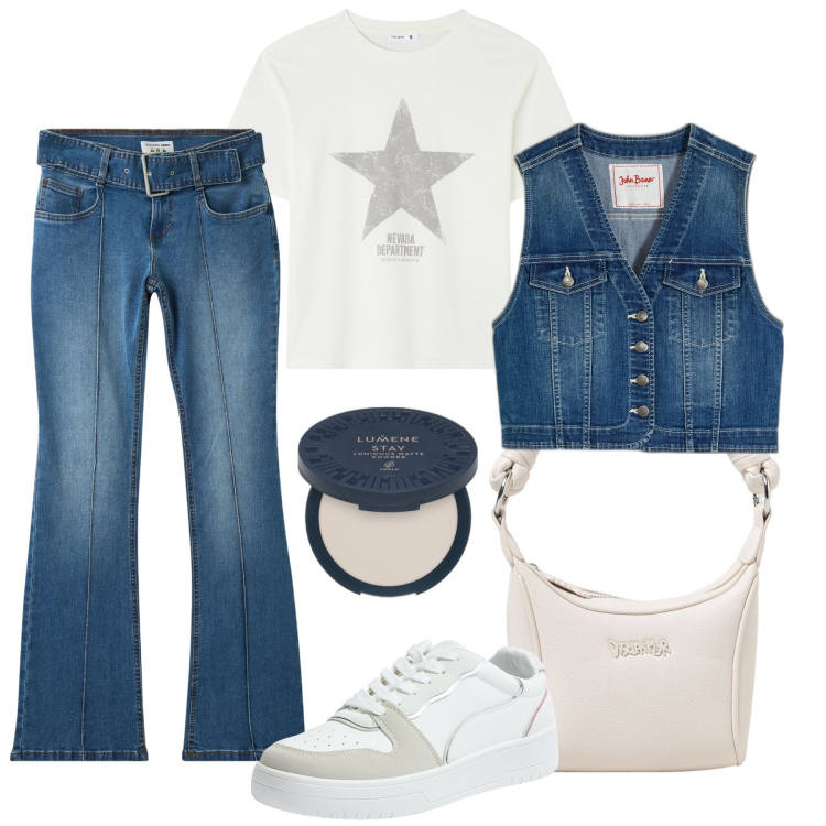 Outfit donna - Giornata di corsa. Stile Basic per Tutti i giorni. Abbinamento con gilet, ciprie, t-shirt, sneakers, jeans a zampa, borse a tracolla.