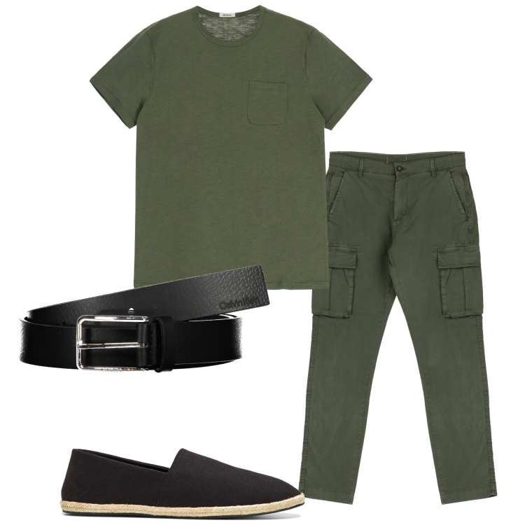 Outfit uomo - Tutti i giorni. Stile Casual per Tutti i giorni. Abbinamento con espadrillas, pantaloni cargo, t-shirt, cinture.