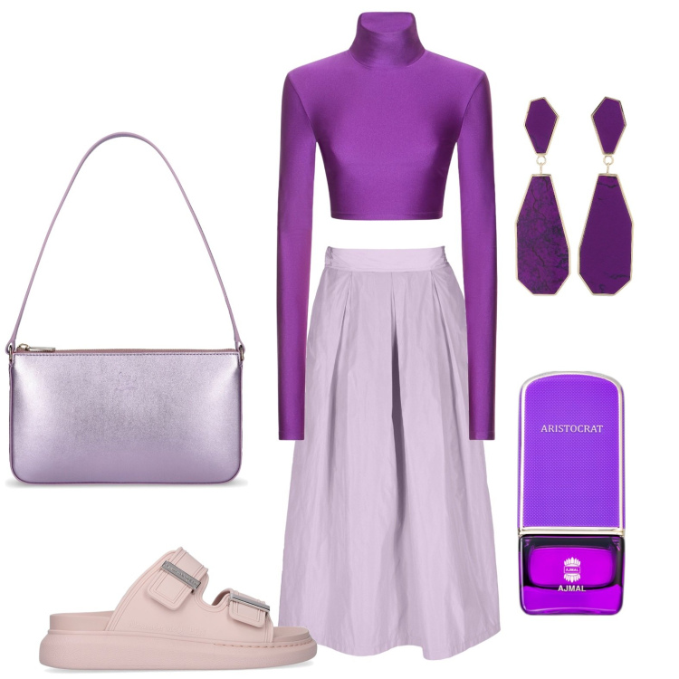 Outfit donna - Viola per la serata. Stile Bon Ton per Tutti i giorni. look ideale per Petite. Abbinamento con profumi, top, borse a spalla, sandali, orecchini, gonne.