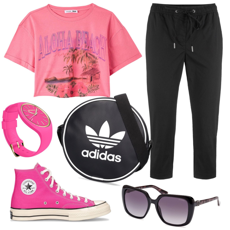Outfit donna - Sportiva in fucsia e nero. Stile Urban per Tutti i giorni. Abbinamento con pantaloni capri, t-shirt, orologi, sneakers, borse a spalla, occhiali da sole.