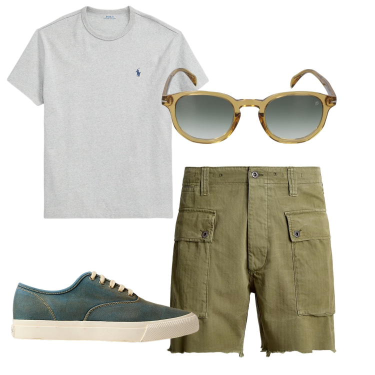 Outfit uomo - Total look. Stile Casual per Tutti i giorni. Abbinamento con t-shirt, shorts, sneakers, occhiali da sole.