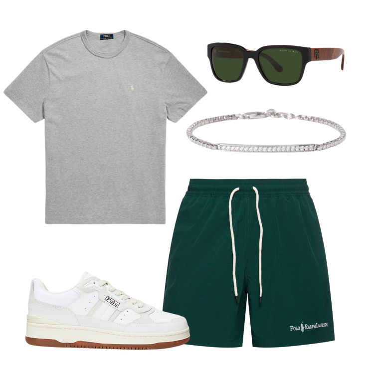 Outfit uomo - In spiaggia. Stile Casual per Mare. Abbinamento con braccialetti, t-shirt, occhiali da sole, sneakers, shorts.