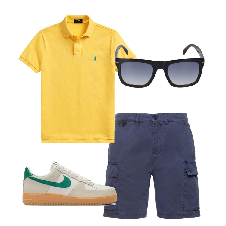 Outfit uomo - Total look. Stile Casual per Tutti i giorni. Abbinamento con polo, shorts, occhiali da sole, sneakers.