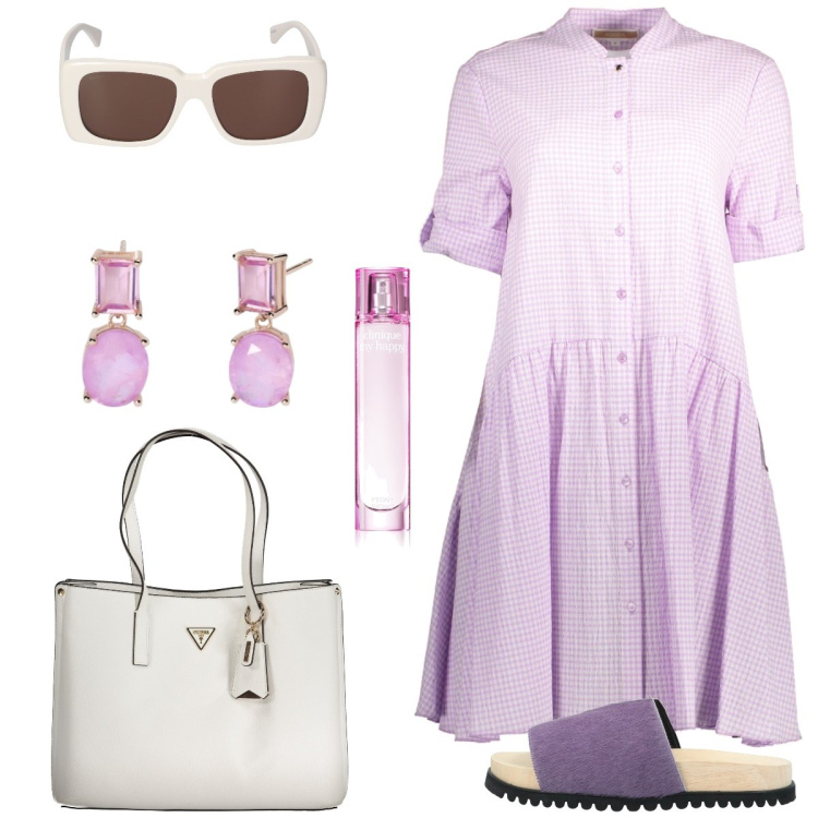 Outfit donna - Vichy. Stile Romantica per Tutti i giorni. Abbinamento con sandali in pelle, profumi, orecchini, vestiti corti, occhiali da sole, borse a spalla.
