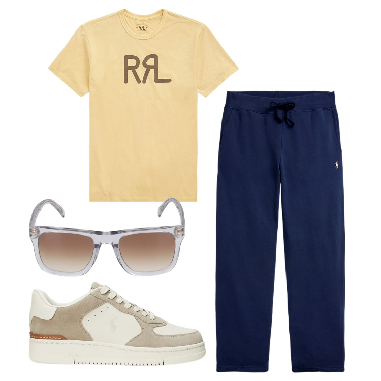 Outfit uomo - Sport al parco. Stile Casual per Tutti i giorni. Abbinamento con pantaloni, t-shirt, sneakers, occhiali da sole.