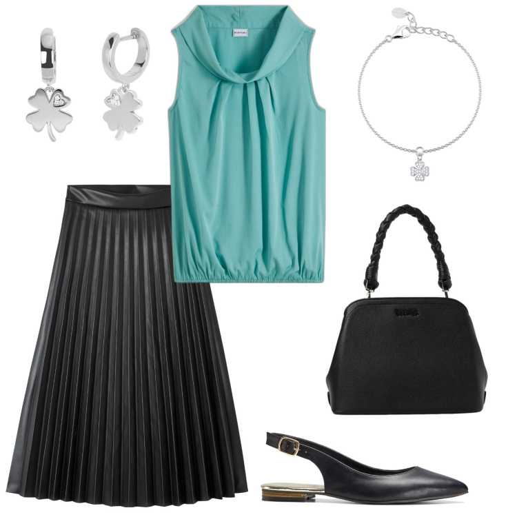 Outfit donna - La gonna plissettata. Stile Casual chic per Tutti i giorni. Abbinamento con ballerine, top, gonne lunghe, braccialetti con ciondoli, orecchini, borse a spalla.