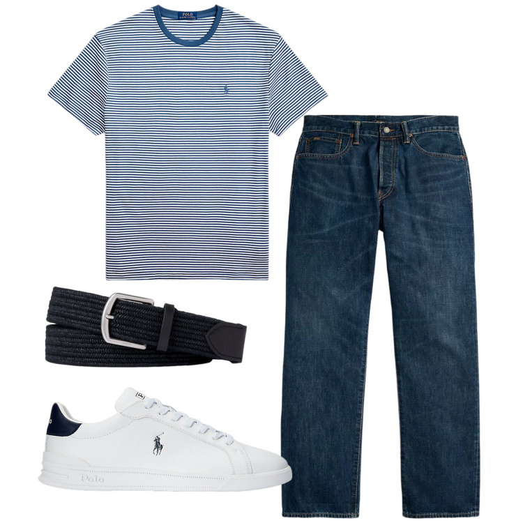 Outfit uomo - Un pomeriggio libero. Stile Casual per Tutti i giorni. Abbinamento con t-shirt, sneakers, cinture, jeans.