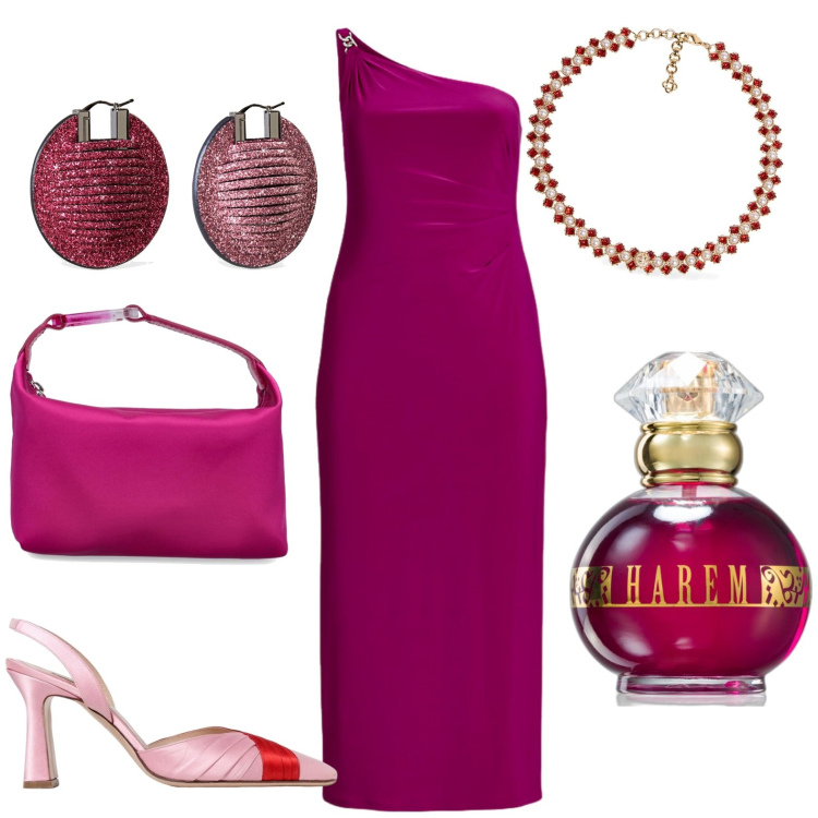 Outfit donna - Total look #1925156. Stile Chic per Serata fuori. Abbinamento con profumi, vestiti asimmetrici, décolleté, collane, orecchini, borse a mano.