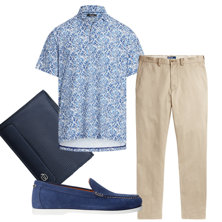 Outfit uomo - Il portamonete. Stile Casual per Tutti i giorni. Abbinamento con scarpe stringate, pantaloni chino, polo, portafogli.