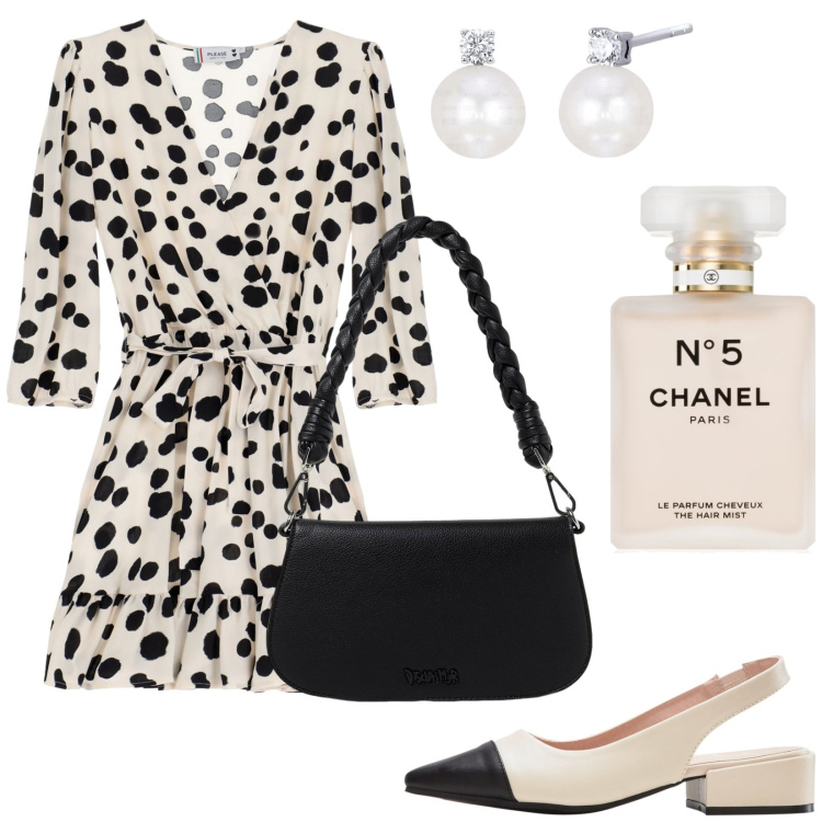 Outfit donna - Bon ton. Stile Bon Ton per Ufficio. Abbinamento con décolleté, profumi, orecchini, vestiti corti, borse a spalla.