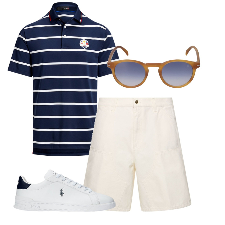 Outfit uomo - Golf. Stile Casual per Sport. Abbinamento con sneakers, polo, occhiali da sole, shorts.