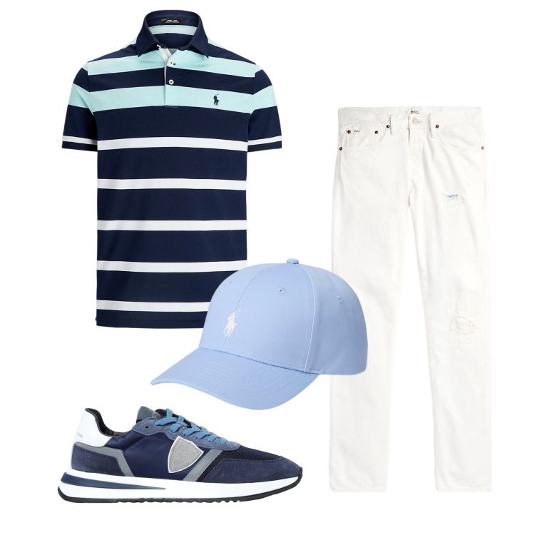 Outfit uomo - Total look. Stile Casual per Tutti i giorni. Abbinamento con cappelli, polo, jeans, sneakers.