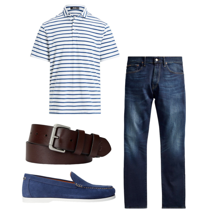 Outfit uomo - Righe casual. Stile Casual per Tutti i giorni. Abbinamento con jeans, cinture, scarpe stringate, polo.