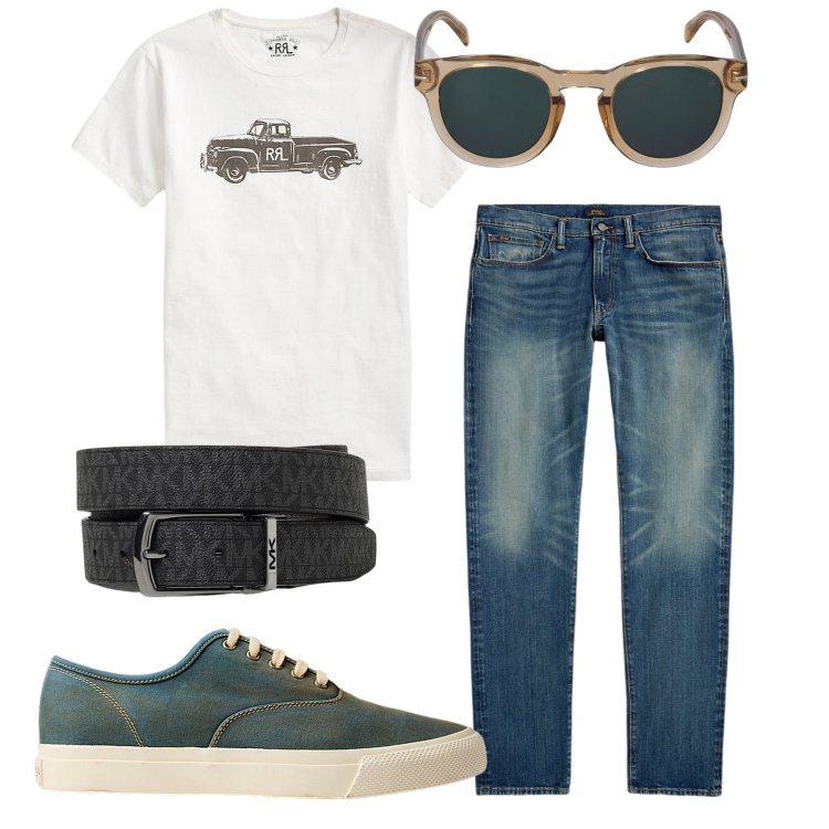 Outfit uomo - Casual giorno. Stile Casual per Tutti i giorni. Abbinamento con t-shirt, jeans, sneakers, occhiali da sole, cinture.