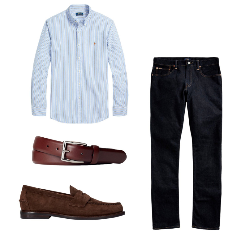 Outfit uomo - Total look. Stile Casual per Tutti i giorni. Abbinamento con camicie, jeans, cinture, scarpe stringate.