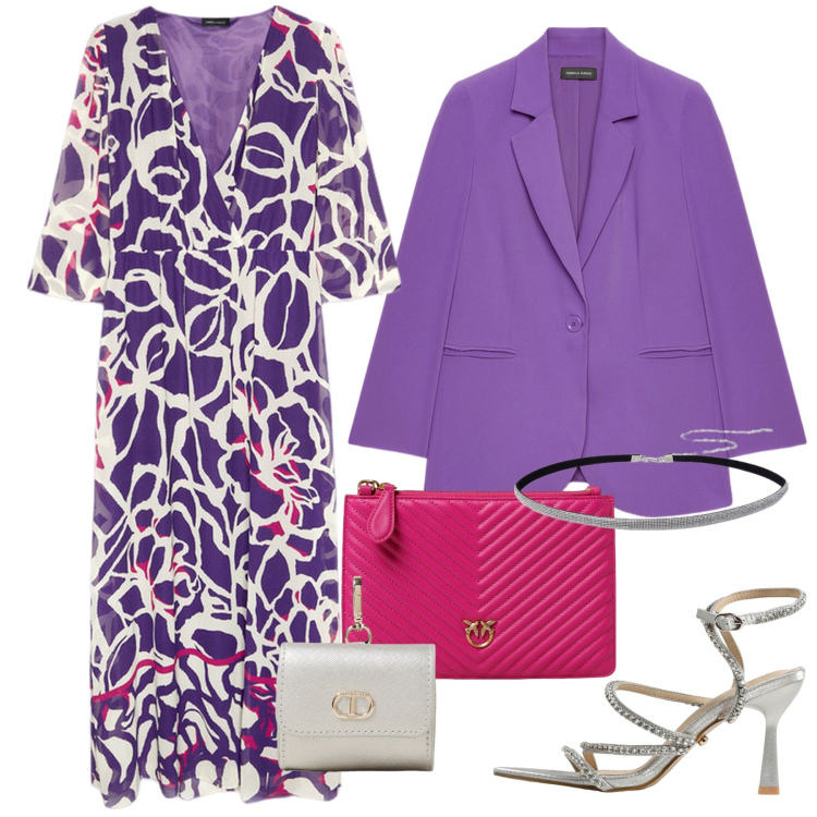 Outfit donna - Summer look #15. Stile Glamour per Serata fuori. Abbinamento con vestiti lunghi, clutch, cinture, blazer, sandali col tacco, portamonete.