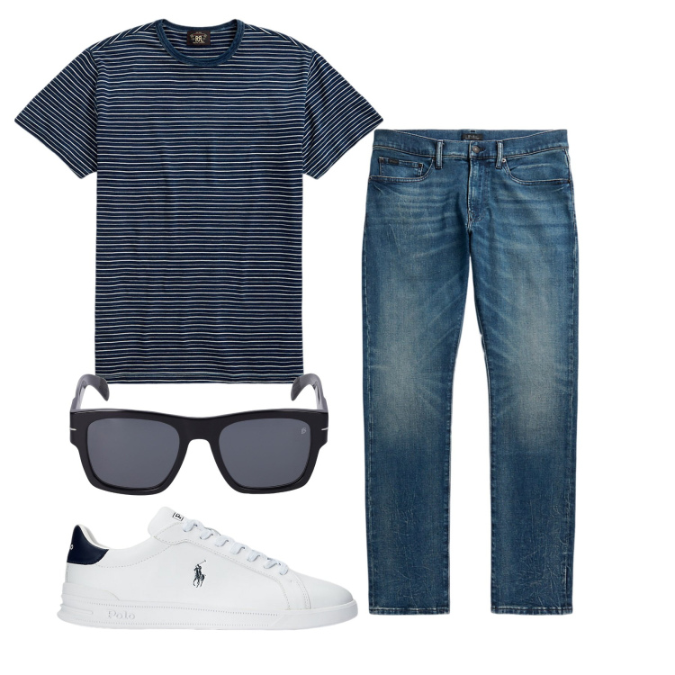Outfit uomo - Total look. Stile Casual per Tutti i giorni. Abbinamento con t-shirt, sneakers, jeans, occhiali da sole.