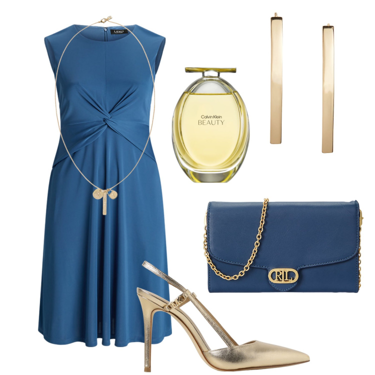 Outfit donna - Cerimonia di sera 50 plus. Stile Chic per Cerimonia. Abbinamento con profumi, vestiti, borse a tracolla, orecchini, ciondoli, décolleté.