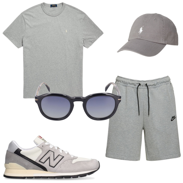 Outfit uomo - Corsa nel parco. Stile Casual per Sport. Abbinamento con cappelli, t-shirt, shorts, sneakers, occhiali da sole.
