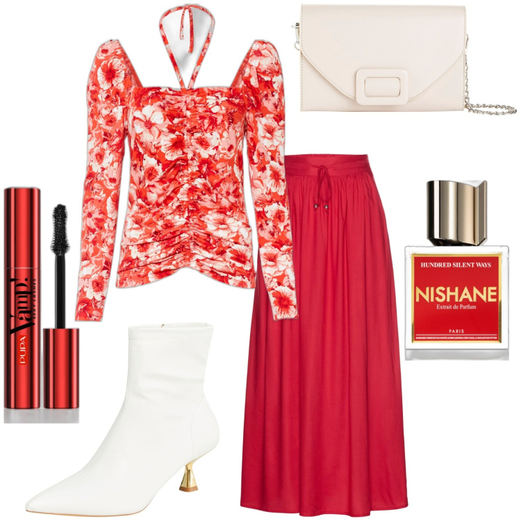 Outfit donna - Total look #1925197. Stile Casual chic per Tutti i giorni. Abbinamento con gonne lunghe, maglieria, pochette, profumi, mascara, stivaletti.