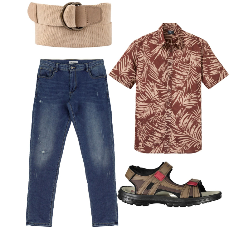 Outfit uomo - Foglie. Stile Trendy per Tutti i giorni. Abbinamento con camicie a manica corta, jeans slim fit, sandali, cinture.