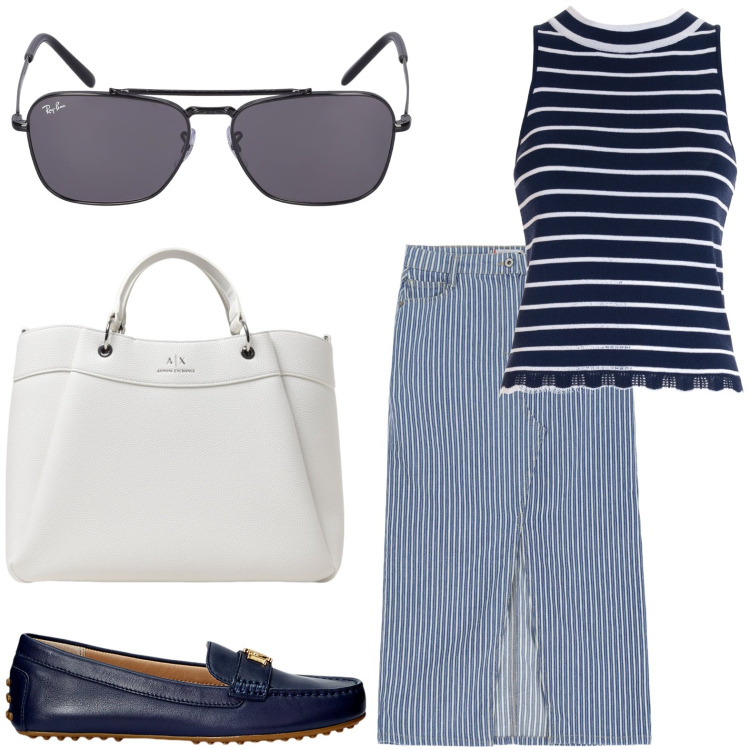 Outfit donna - Un incontro di righe. Stile Basic per Tutti i giorni. look ideale per Petite. Abbinamento con gonne longuette, top, mocassini, occhiali da sole, borse tote.