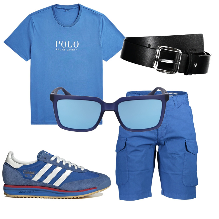 Outfit uomo - Tutti i giorni. Stile Casual per Tutti i giorni. Abbinamento con t-shirt, bermuda, cinture, occhiali da sole, sneakers.