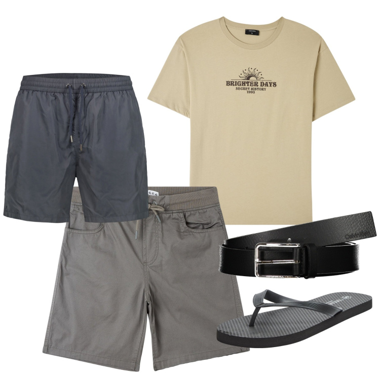 Outfit uomo - Mare. Stile Casual per Tutti i giorni. Abbinamento con t-shirt, shorts, sandali, cinture, costumi.