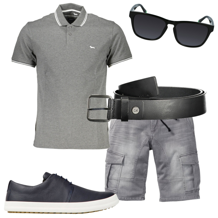 Outfit uomo - In città. Stile Casual per Tutti i giorni. Abbinamento con bermuda, cinture, occhiali da sole, scarpe stringate, polo.