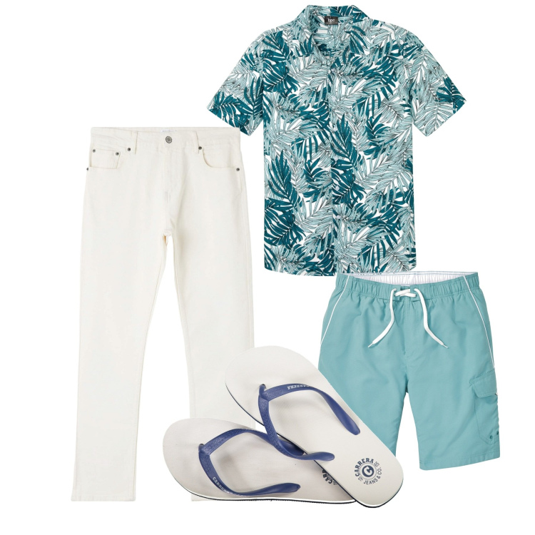 Outfit uomo - Estate. Stile Casual per Mare. Abbinamento con camicie a manica corta, costumi, pantaloni, sandali.