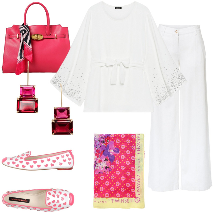 Outfit donna - Total look #1925216. Stile Casual per Tutti i giorni. Abbinamento con pantaloni a palazzo, mocassini, orecchini, bluse, borse tote, sciarpe.