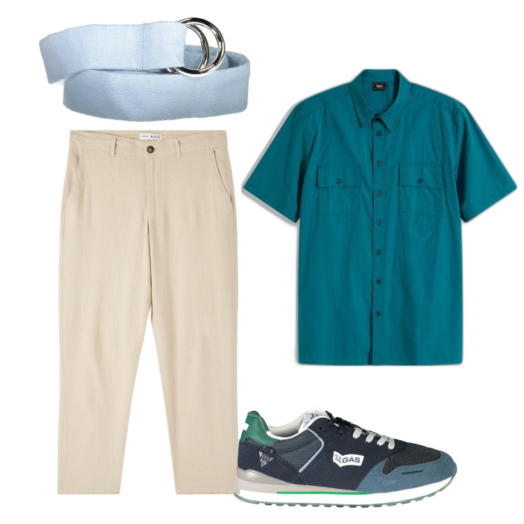 Outfit uomo - Turchese. Stile Casual per Tutti i giorni. Abbinamento con camicie a manica corta, pantaloni, cinture, sneakers.