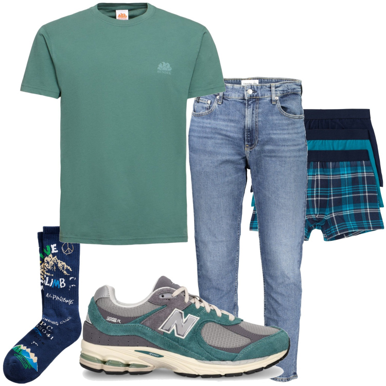 Outfit uomo - Tutti i giorni. Stile Casual per Tutti i giorni. Abbinamento con boxer, calzini, jeans, sneakers, t-shirt.