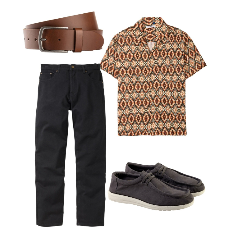 Outfit uomo - La camicia etno. Stile Trendy per Serata speciale. Abbinamento con jeans dritti, cinture, camicie, scarpe stringate.