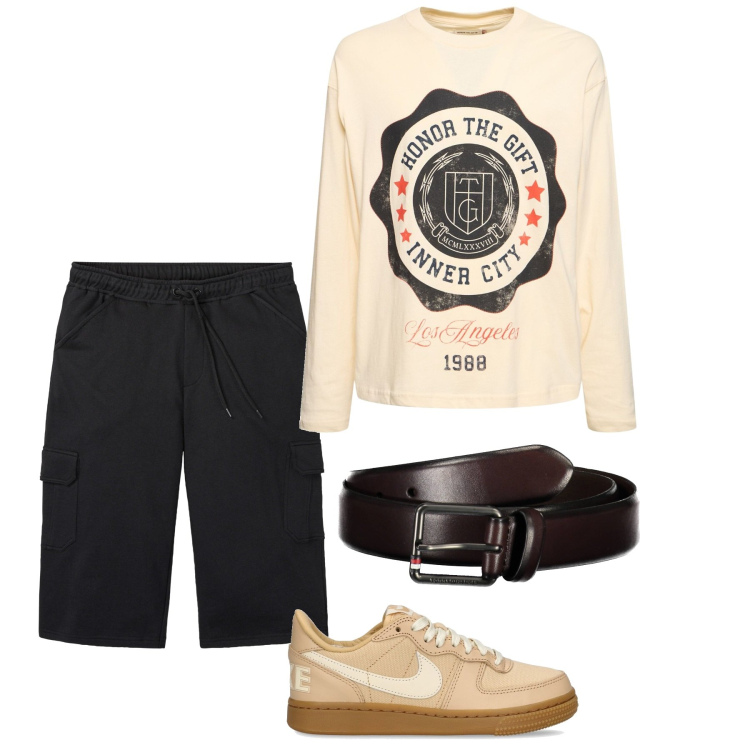 Outfit uomo - Trendy. Stile Trendy per Serata speciale. Abbinamento con bermuda, cinture, sneakers, t-shirt.