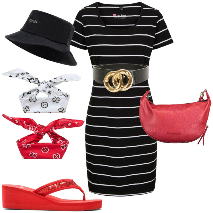 Outfit donna - Total look #1925235. Stile Casual per Tutti i giorni. Abbinamento con vestiti, infradito, cinture, fasce per capelli, cappelli, borse a spalla.