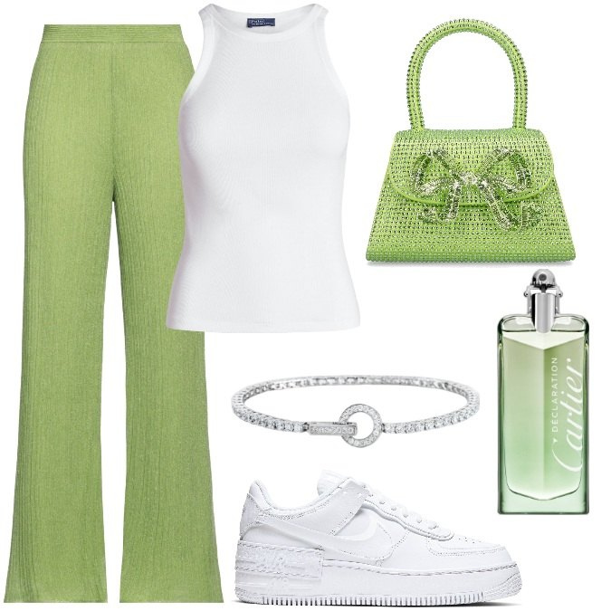 Outfit donna - Total look #1925246. Stile Trendy per Tutti i giorni. Abbinamento con pantaloni, profumi, braccialetti, canottiere, borse a mano, sneakers.