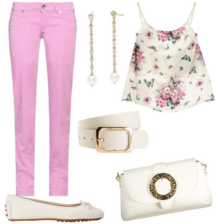 Outfit donna - Romantica per il giorno. Stile Romantica per Tutti i giorni. Abbinamento con cinture, pantaloni, orecchini, canottiere, ballerine, borse a spalla.